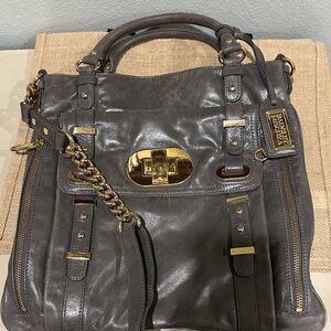 Badgley Mischka Charcoal Leather Satchel with Gold Details